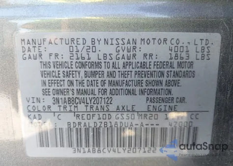 2020 Nissan Sentra Sv Xtronic Cvt from USA, damaged, VIN 3N1AB8CV4LY207122